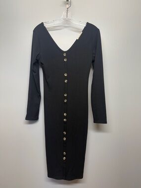 Heart & Hips Black Ribbed Midi Dress with Button Detail